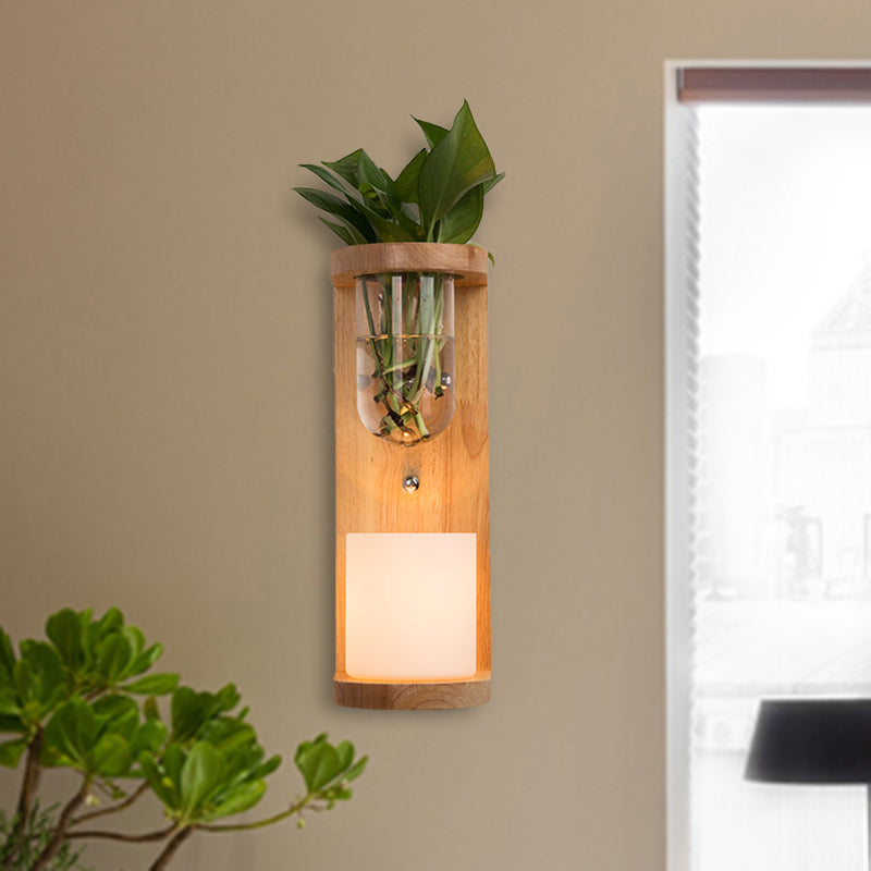 Sikunuo | Cylinder Living Room Wall Lamp Industrial Opal Glass 1 Light Wood LED Wall Light Lighting Fixture
