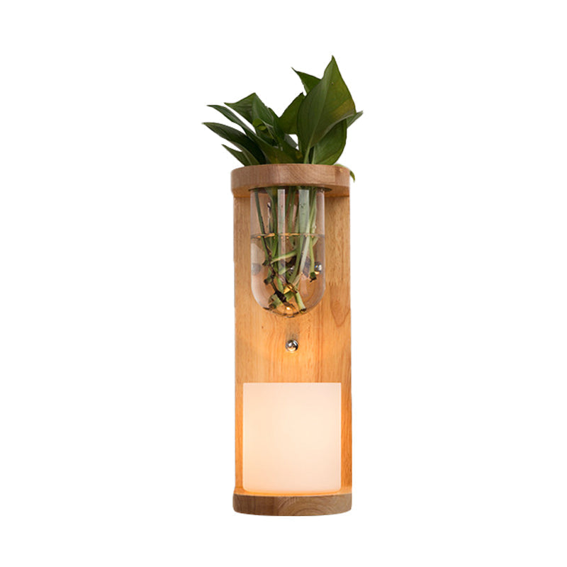 Sikunuo | Cylinder Living Room Wall Lamp Industrial Opal Glass 1 Light Wood LED Wall Light Lighting Fixture