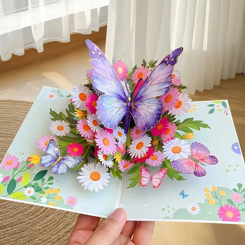 Sikunuo | 3D Pop-Up Greeting Card – Colorful Butterflies & Daisies with Envelope