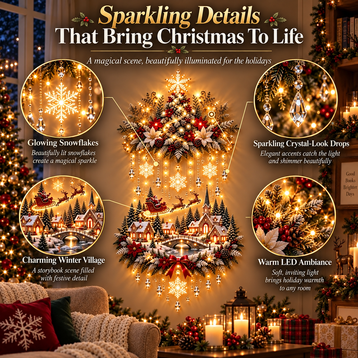 🎄 Lighted Christmas Tree & Village Wall Decor – Warm Cascading Glow