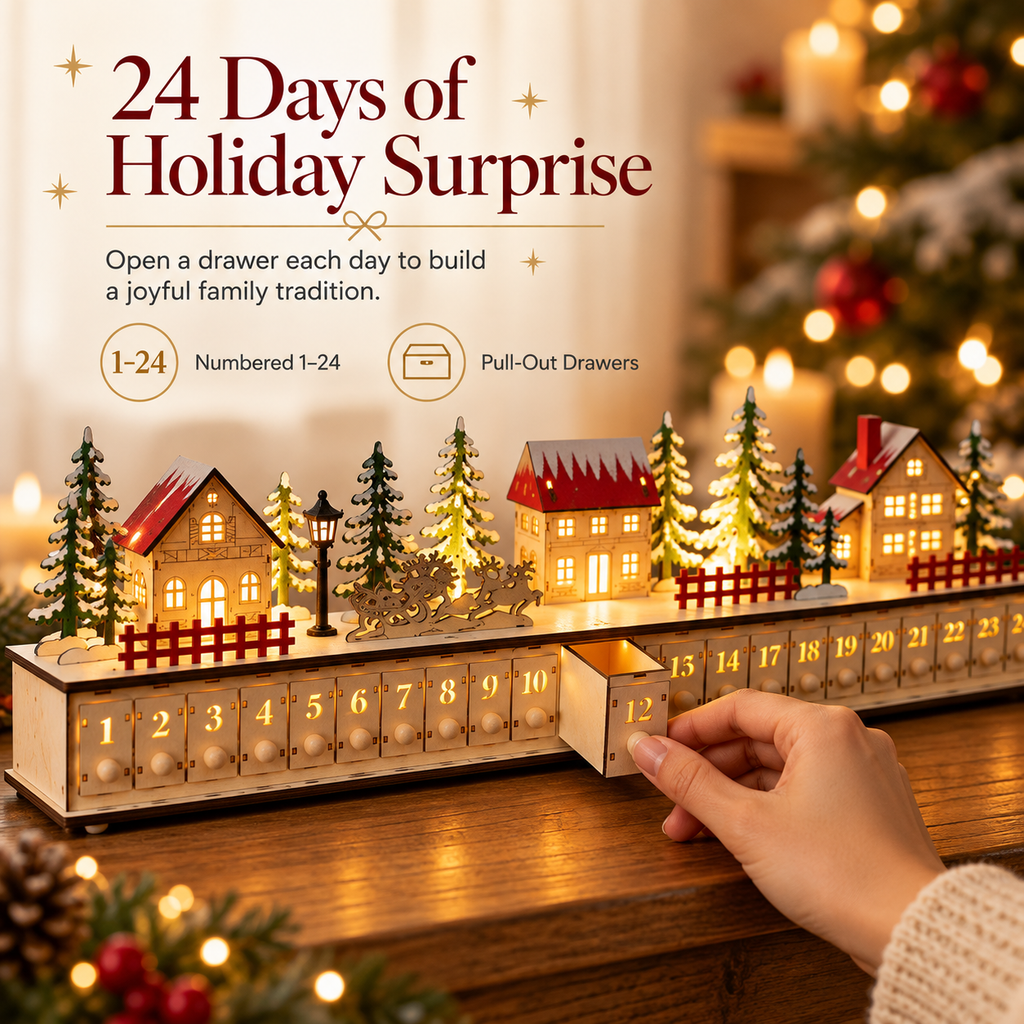 🎄 Wooden Christmas Village Advent Calendar – Magical LED Holiday Countdown 🎁✨