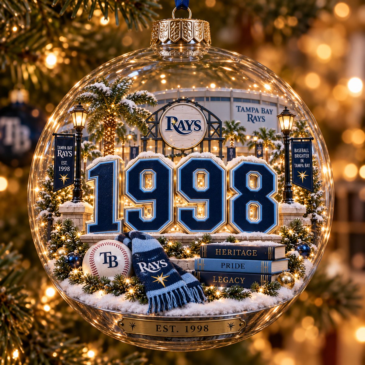 Rays Light-Up Baseball Heritage Christmas Ornament
