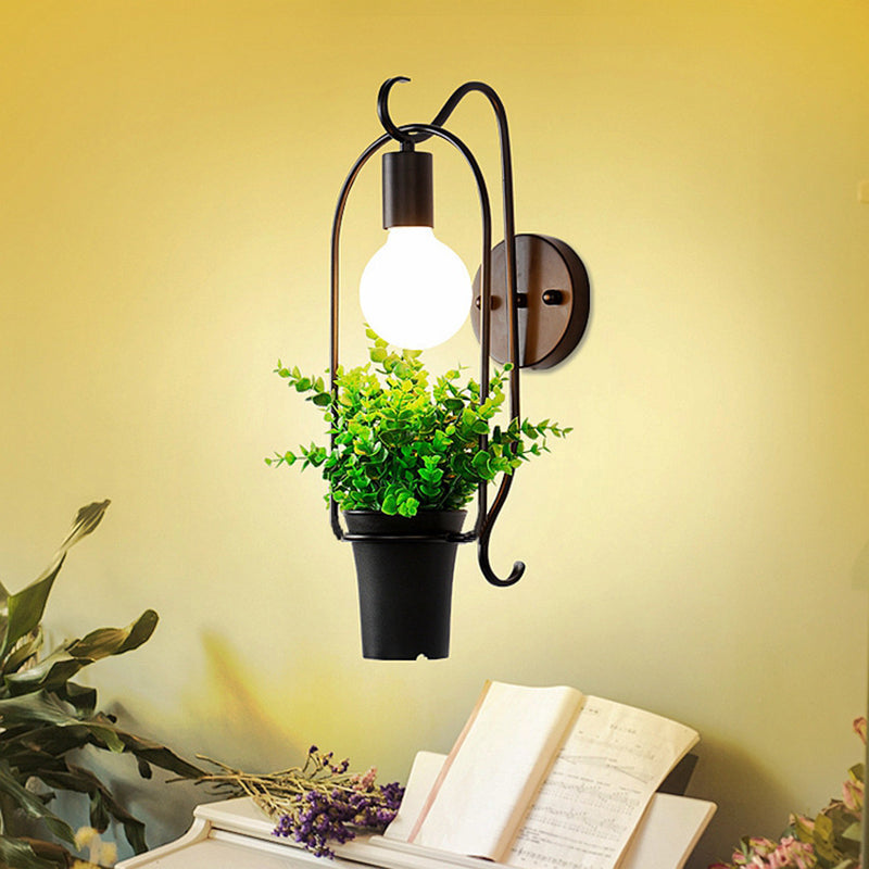 Sikunuo | Potted Plant Restaurant Wall Lamp Industrial Metal 1 Bulb Black LED Wall Lighting