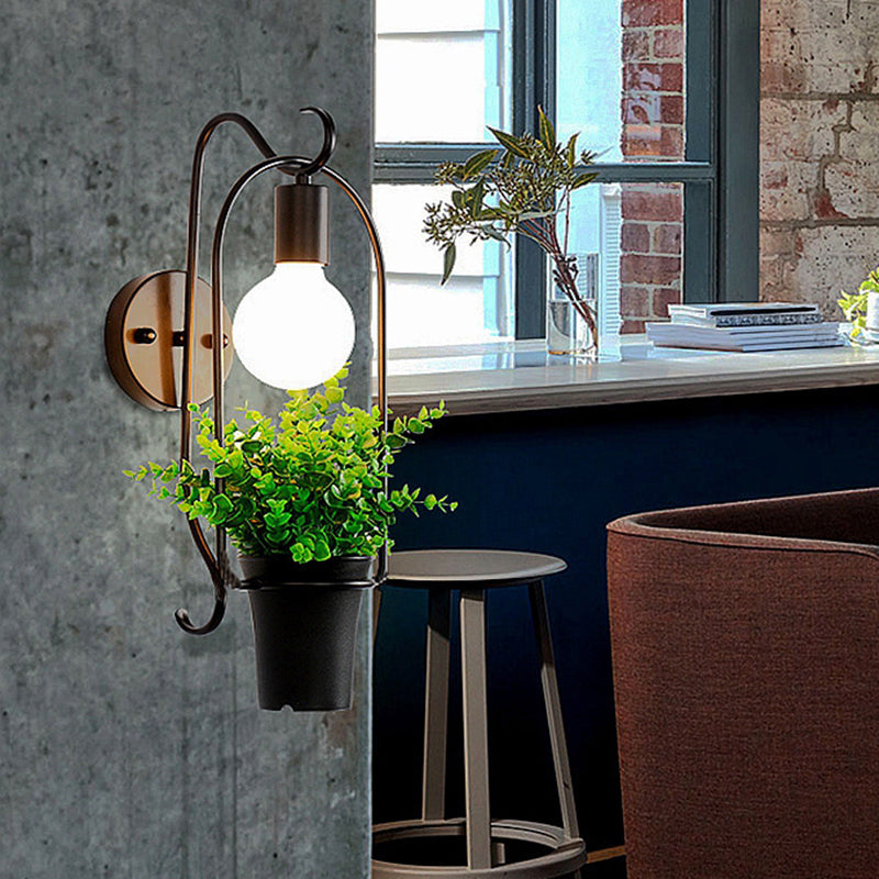 Sikunuo | Potted Plant Restaurant Wall Lamp Industrial Metal 1 Bulb Black LED Wall Lighting