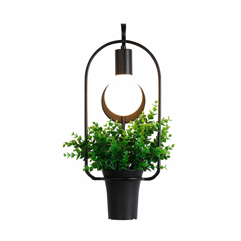 Sikunuo | Potted Plant Restaurant Wall Lamp Industrial Metal 1 Bulb Black LED Wall Lighting