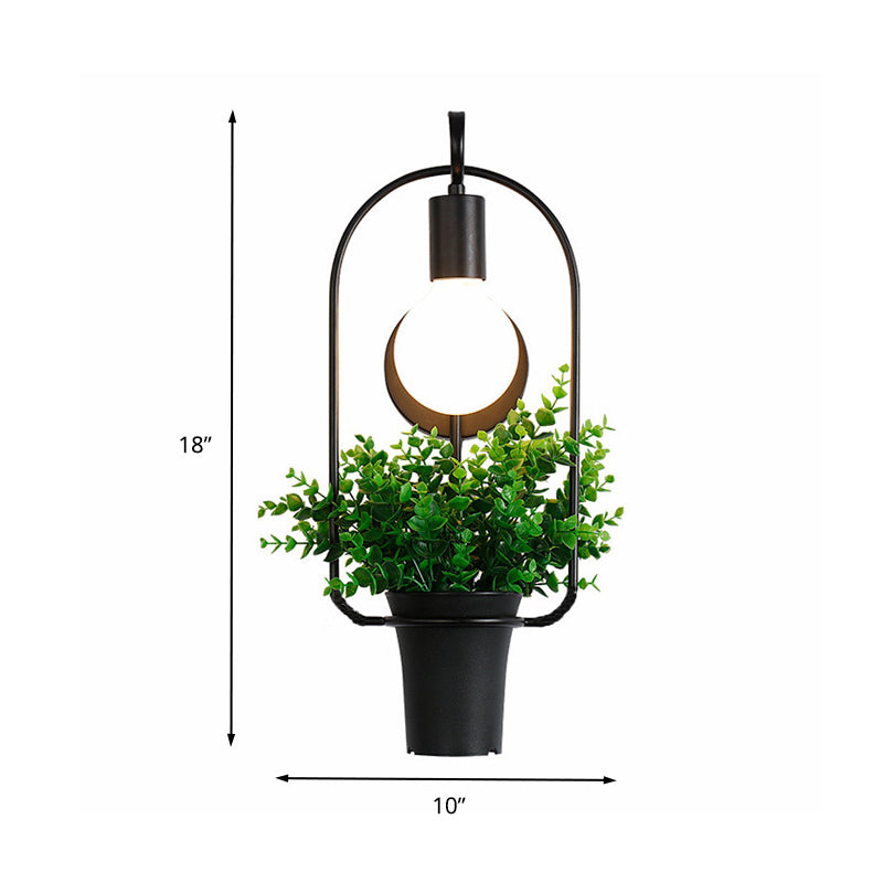 Sikunuo | Potted Plant Restaurant Wall Lamp Industrial Metal 1 Bulb Black LED Wall Lighting