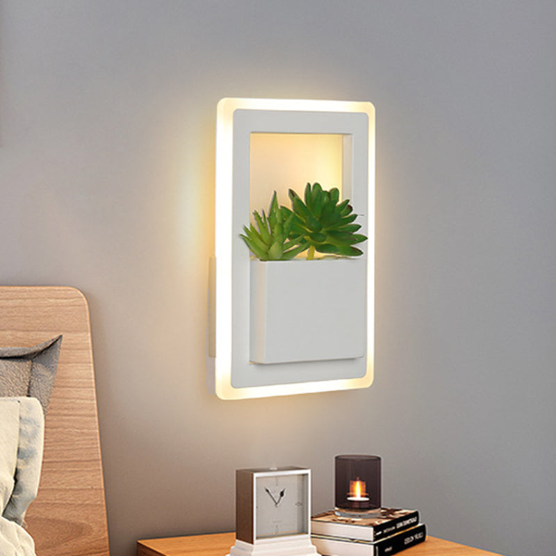 Sikunuo | White LED Wall Lighting Minimalist Acrylic Rectangles Wall Lamp with Plant Decoration for Bedroom, Warm/White Light