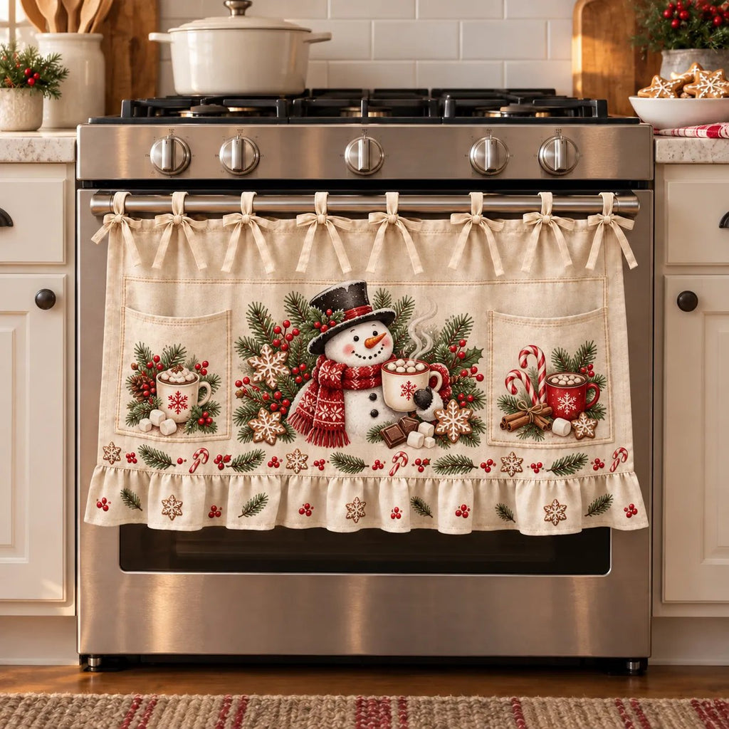 Christmas Kitchen Tie-On Skirt with Pockets & Ruffled Trim
