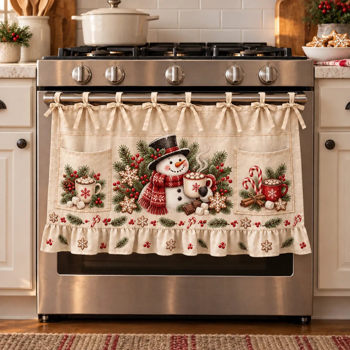 Christmas Kitchen Tie-On Skirt with Pockets & Ruffled Trim