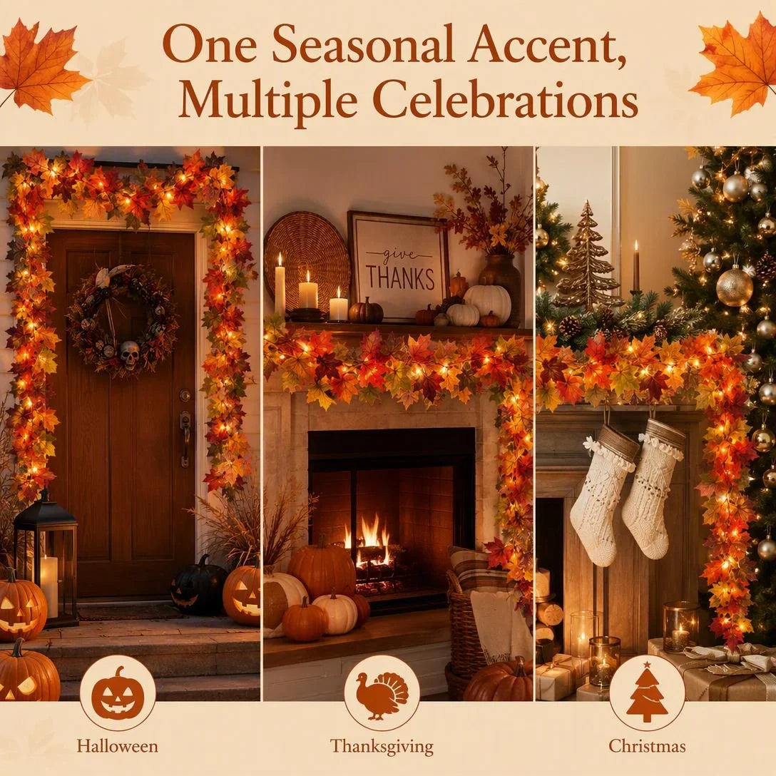 Fall Maple Leaf Lighted Garland For Thanksgiving & Holiday Decor