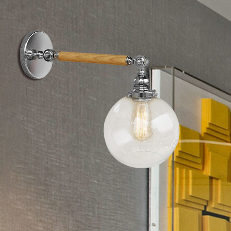 Sikunuo | Vintage Orb Wall Light Fixture 1 Lamp Clear Glass Wall Lamp in Chrome for Bathroom, 8"/4"/6" Wide Wooden Arm