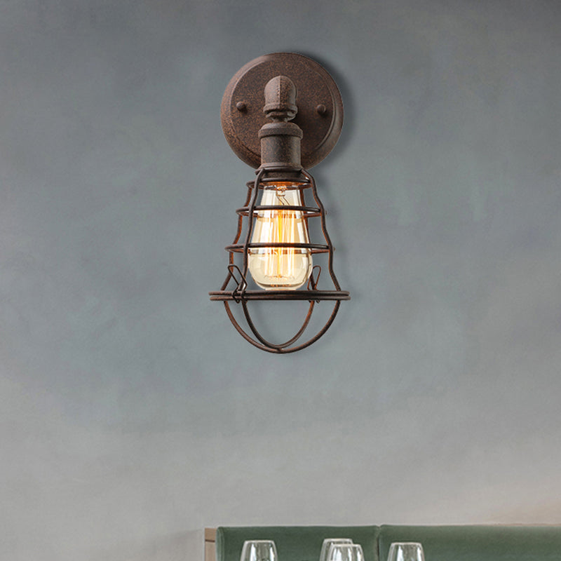 Sikunuo | Wire Frame Iron Wall Lamp with Pipe Farmhouse 1 Head Dining Room Mini Wall Lamp in Rust