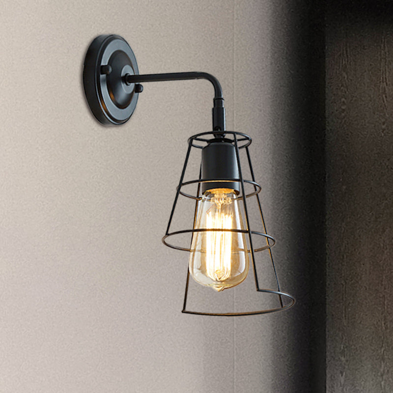 Sikunuo | Vintage Style Conic Cage Wall Lamp with Curved Arm 1 Light Metal Wall Lamp in Black/White