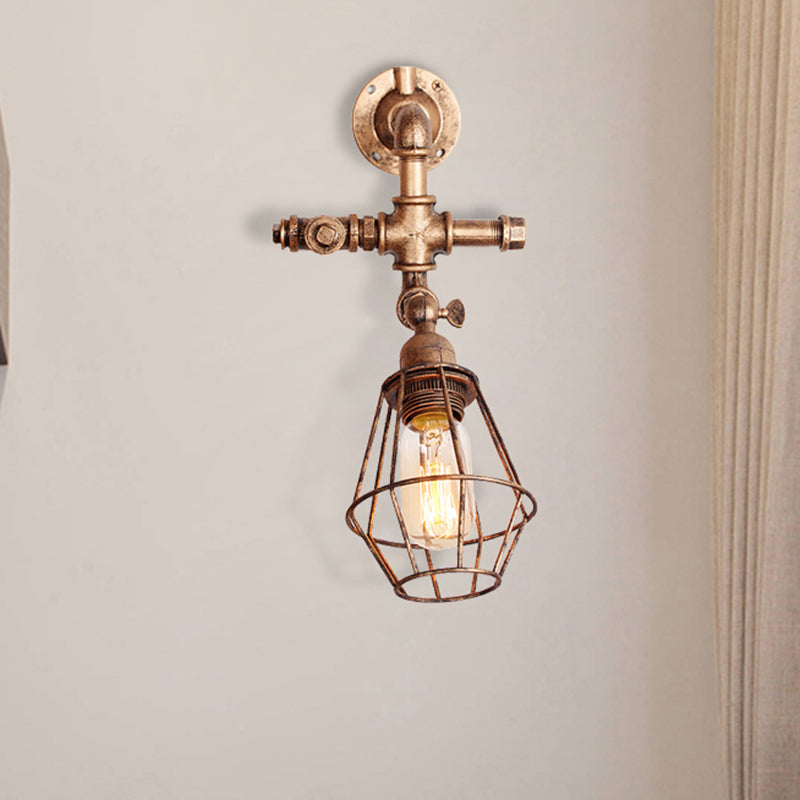 Sikunuo | Diamond Cage Iron Wall Mount Light with Pipe Design Industrial Style 1 Bulb Bedroom Wall Lighting in Antique Brass/Silver