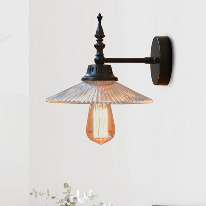 Sikunuo | Clear/Green Glass Black Wall Light Cone/Wide Flare 1-Light Industrial Wall Lamp for Living Room