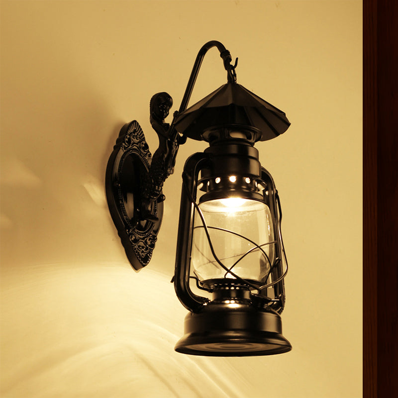 Sikunuo | Kerosene Clear Glass Wall Lamp Coast Single Bulb Living Room Sconces Lamp in Black/Antique Brass