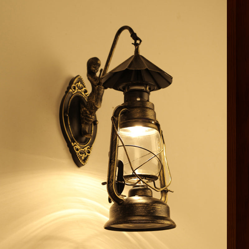 Sikunuo | Kerosene Clear Glass Wall Lamp Coast Single Bulb Living Room Sconces Lamp in Black/Antique Brass