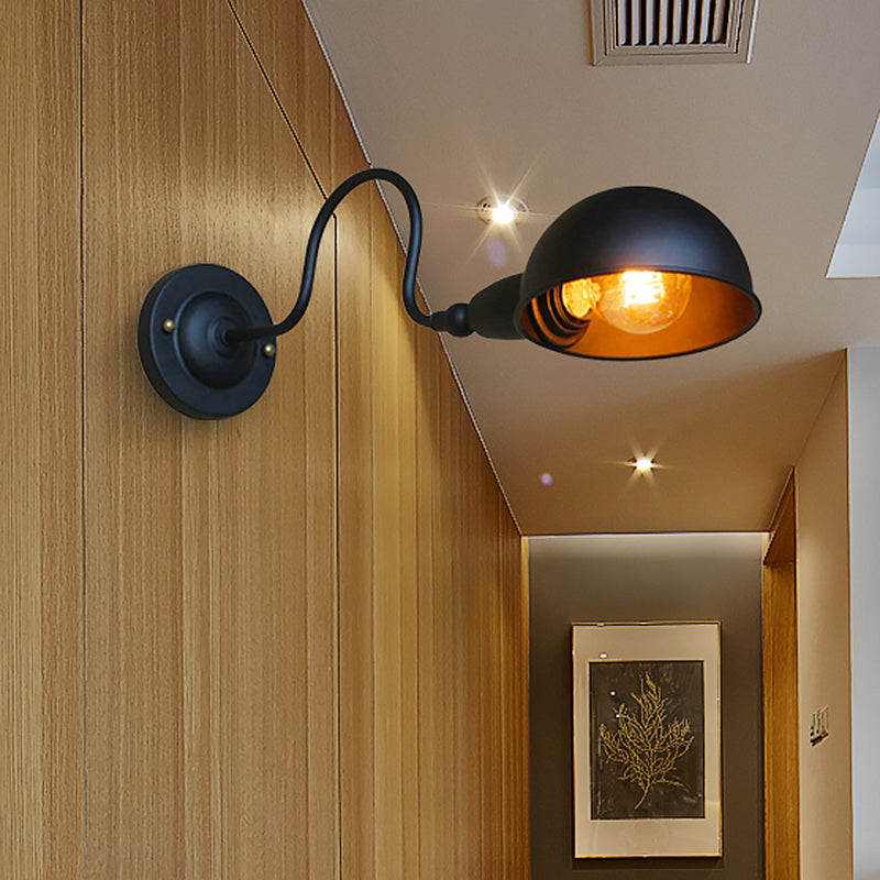 Sikunuo | 1 head wall-mounted light loft style dome shade metal adjustable wall lamp in black for bedroom
