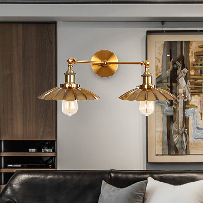 Sikunuo | Antique Stylish Ribbed Edge Wall Lamp 2 Heads Metal Wall Mounted Light in Brass/Rust for Bedroom