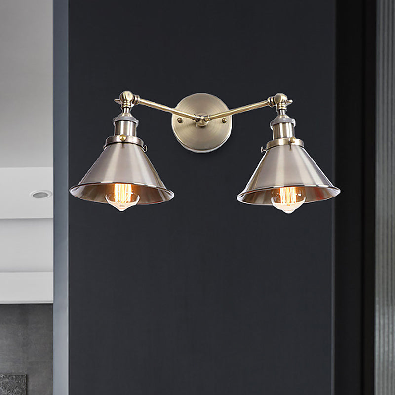 Sikunuo | Tapered Umbrella Iron Wall Mount Light Industrial Vintage 2 Heads Farmhouse Wall Mount Light in Black/Brass