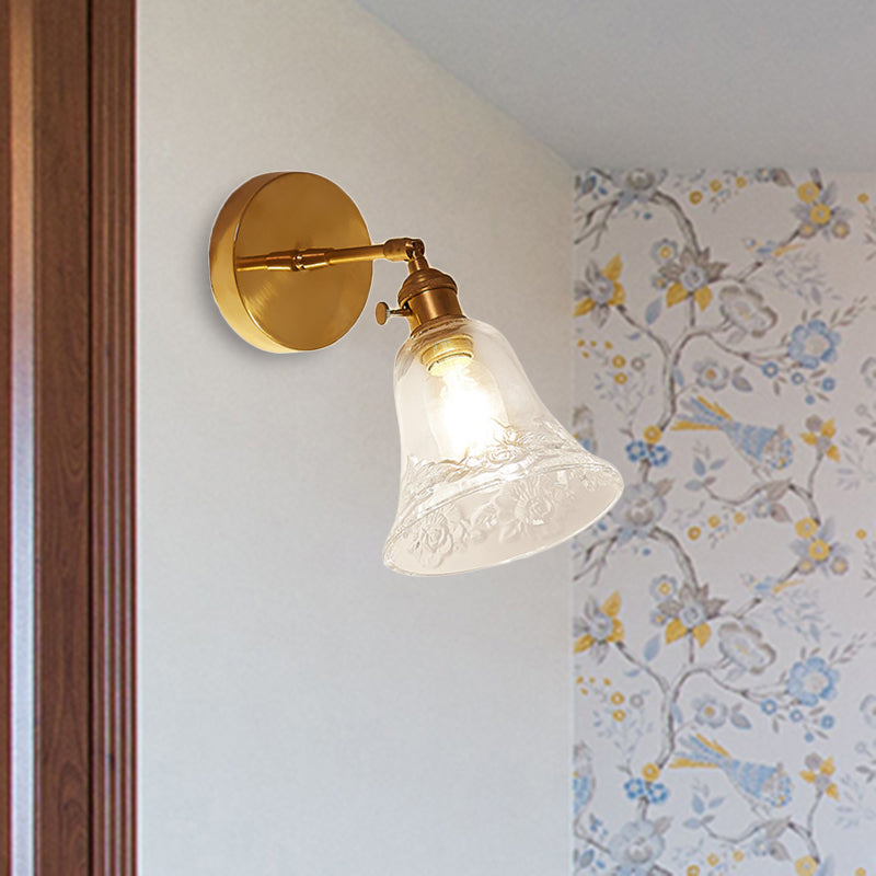 Sikunuo | 1 Light Clear Glass Wall Scone Light Rustic Brass Bell Bedroom Lighting Fixture with Flower