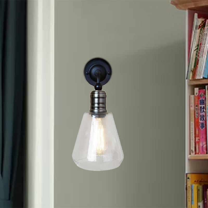 Sikunuo | Rustic Style Tapered Shade Wall Lighting Fixture Single Gloss Clear Glass Wall Lamp in Black for Kitchen