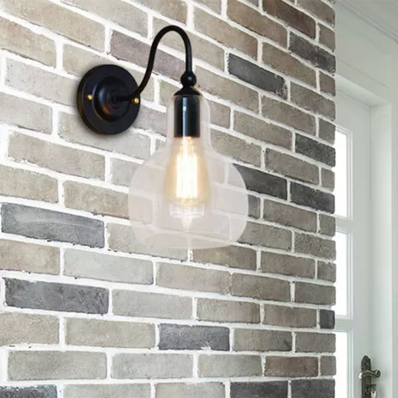 Sikunuo | One Pear Wall Light with Pumpkin Shade Clear Glass Industrial Corridor Wall Lamp in Black