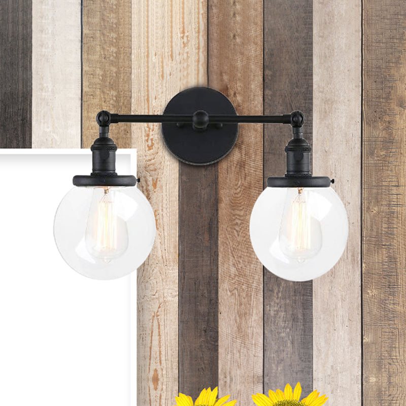 Sikunuo | Round Living Room Wall Light Industrial Clear Glass 2-Lamp Black/Brass Wall Lamp for the Office