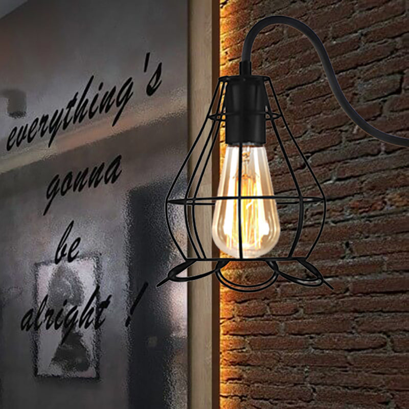 Sikunuo | Black 1 Head Wall Lamp Vintage Industrial Metal Bottle/Rectangular Wall Light Wall Lamp with Wire Frame for Café