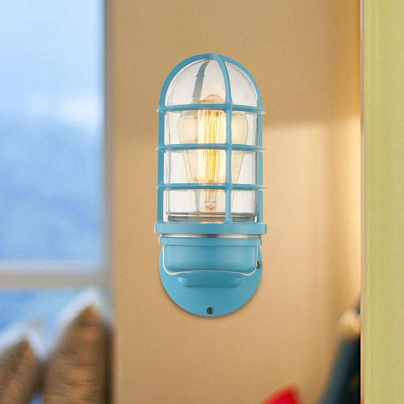Sikunuo | Cylinder Clear Glass Wall Mounted Lamp Industrial Single Bulb Living Room Wall Light in Pink/Blue/Green with Cage