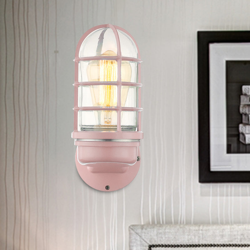 Sikunuo | Cylinder Clear Glass Wall Mounted Lamp Industrial Single Bulb Living Room Wall Light in Pink/Blue/Green with Cage