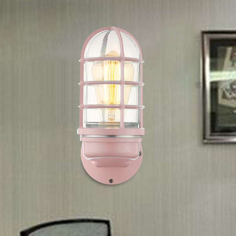Sikunuo | Cylinder Clear Glass Wall Mounted Lamp Industrial Single Bulb Living Room Wall Light in Pink/Blue/Green with Cage