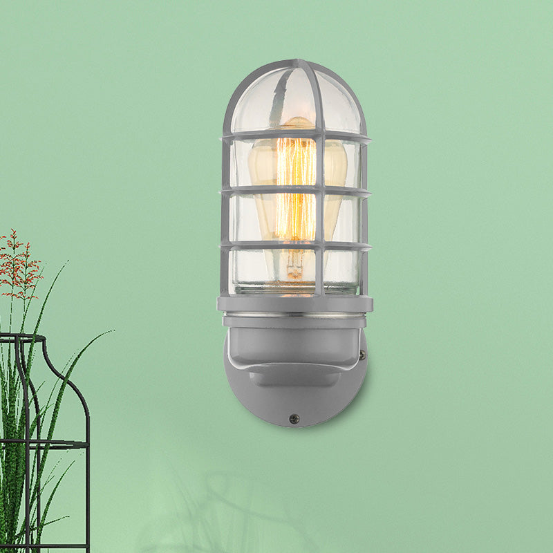 Sikunuo | Cylinder Clear Glass Wall Mounted Lamp Industrial Single Bulb Living Room Wall Light in Pink/Blue/Green with Cage