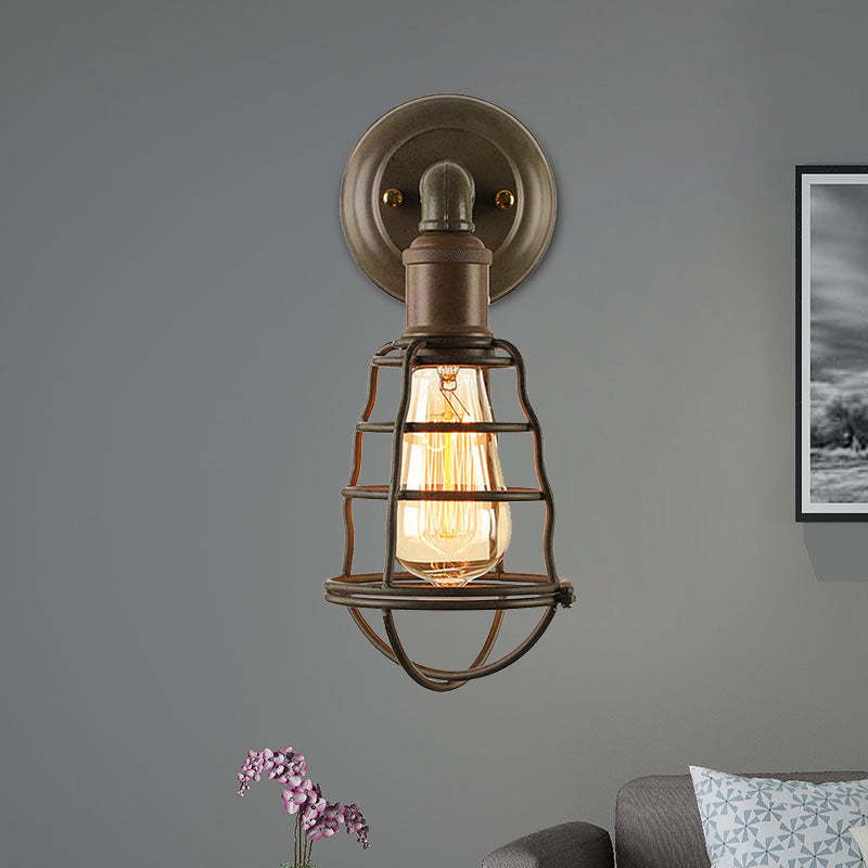 Sikunuo | Rust Finish Mini Wall Lamp with Cage Shade Antique Style Iron 1 Light Farmhouse Wall Mount Lighting