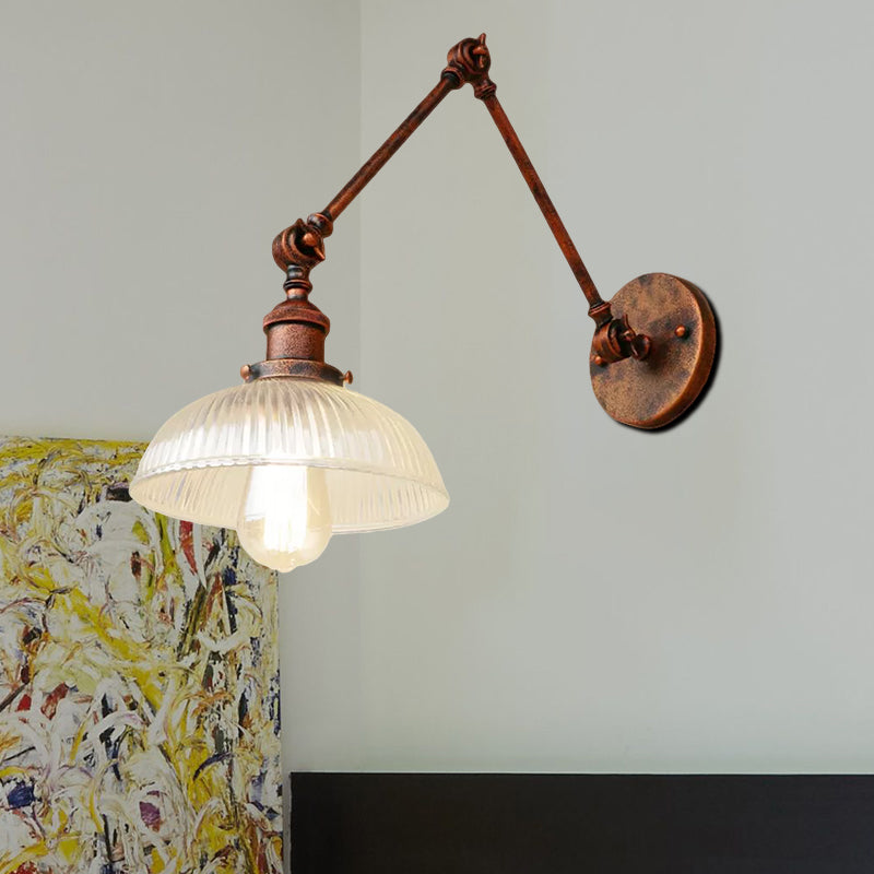 Sikunuo | 1 Light Ribbed Glass Wall Lamp Light Industrial Antique Brass/Black/Rust Dome Living Room Lighting Fixture with Swing Arm