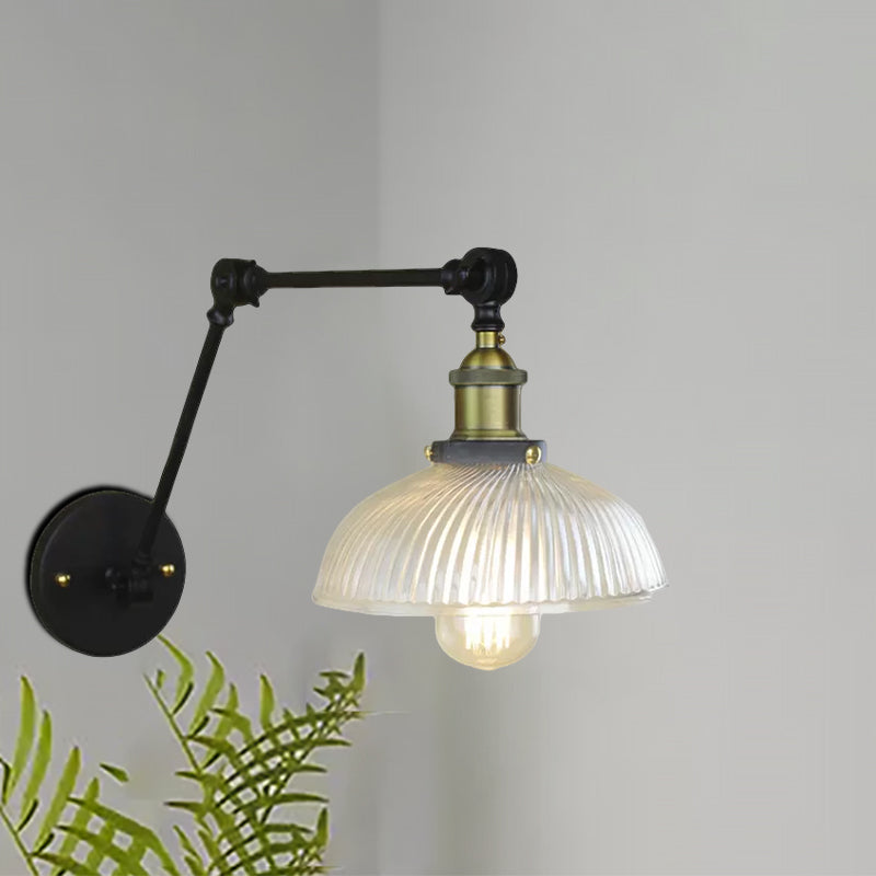 Sikunuo | 1 Light Ribbed Glass Wall Lamp Light Industrial Antique Brass/Black/Rust Dome Living Room Lighting Fixture with Swing Arm