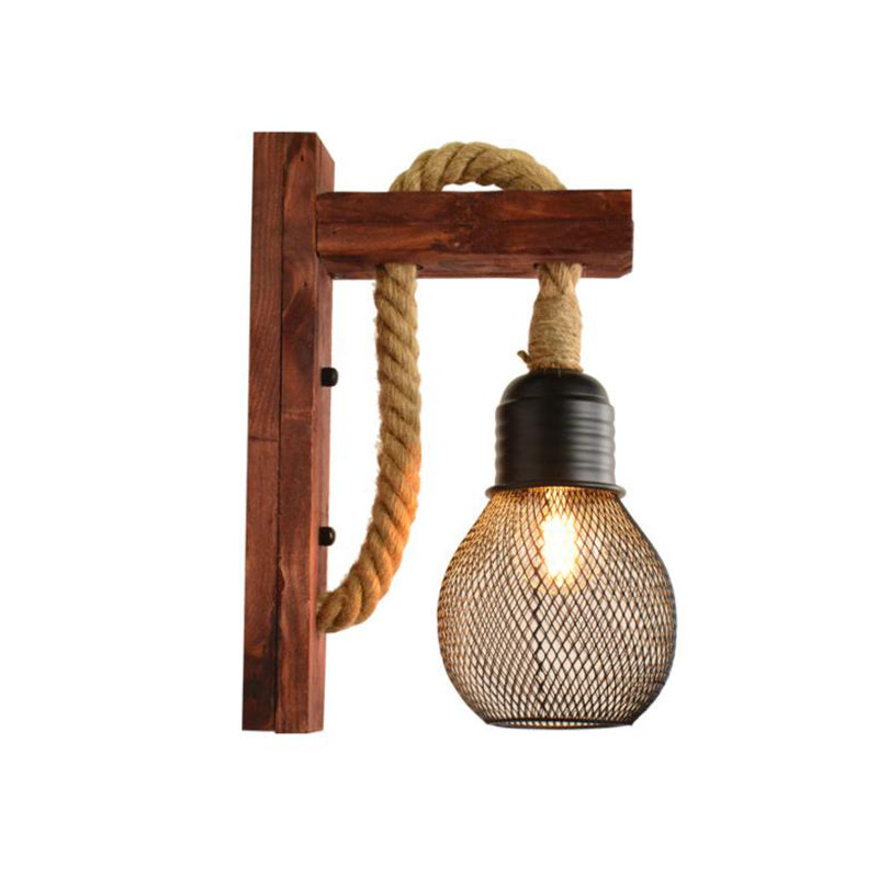 Sikunuo | Rope Exposed Bulb Sconce Lighting Coastal 1 Light Living Room Wall Lamp in Red/Brown/Wood