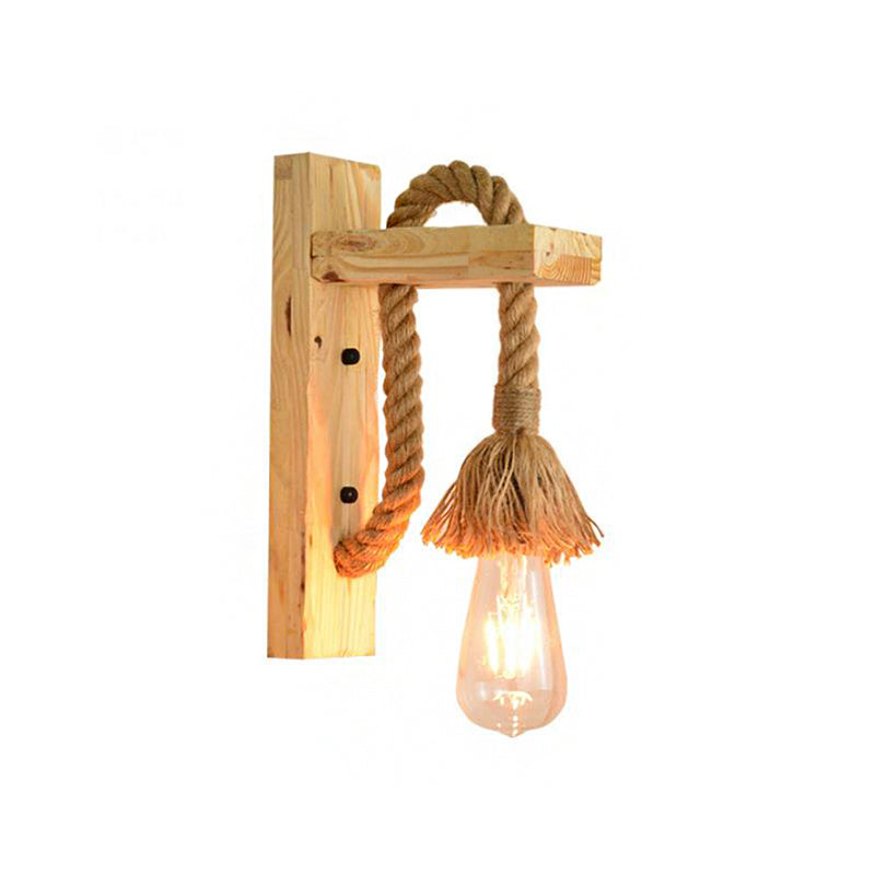 Sikunuo | Rope Exposed Bulb Sconce Lighting Coastal 1 Light Living Room Wall Lamp in Red/Brown/Wood