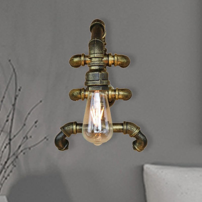 Sikunuo | Expose Bulb Bathroom Wall Lighting Steampunk Iron 1 Light Antique Brass Wall Lamp with Curved Pipe