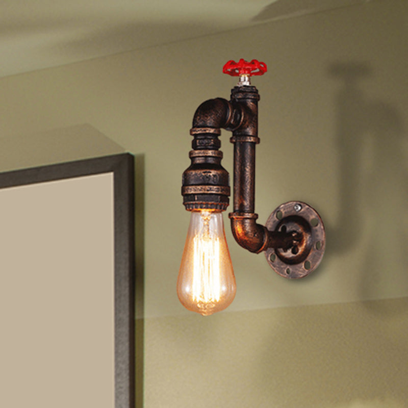 Sikunuo | Rustic Style Pipe Wall Sconce with Valve Wheel 1 Bulb Wrought Iron Wall Mounted Light in Bronze