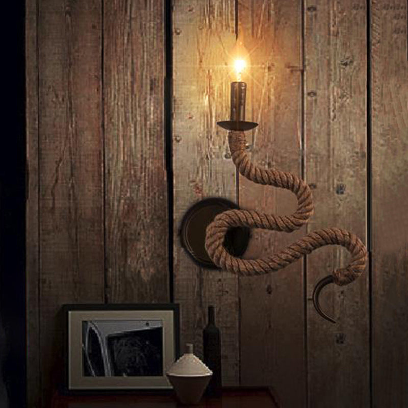 Sikunuo | Candle Holder Ropestone Wall Lamp with Curved Design Vintage 1 Light Bedroom Wall Mounted Lamp in Bronze