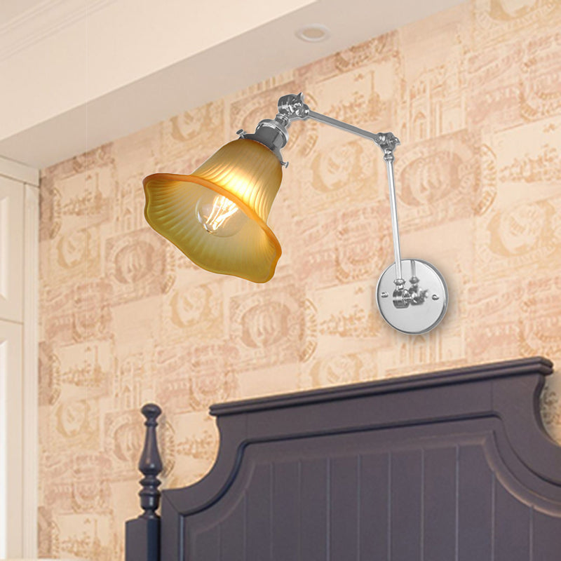 Sikunuo | 1 Light Flare Wall Light Fixture Industrial Design Chrome Amber Textured Glass Wall Lamp for Bedroom