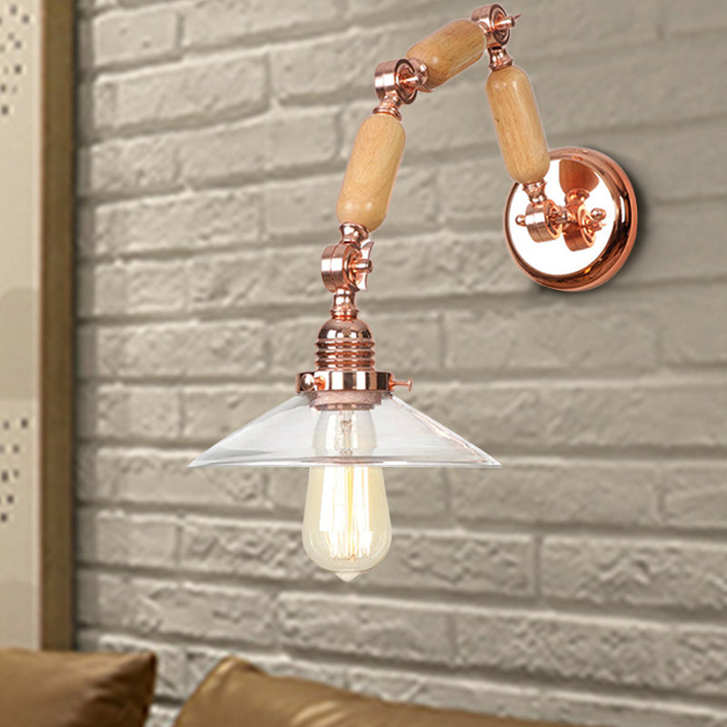 Sikunuo | Cone-shaped Clear Glass Wall Lamp Vintage Single Bulb Living Room Sconces Light in Rose Gold with Arm