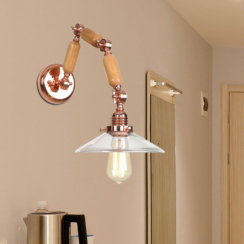 Sikunuo | Cone-shaped Clear Glass Wall Lamp Vintage Single Bulb Living Room Sconces Light in Rose Gold with Arm