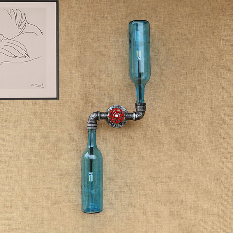 Sikunuo | Glass Gray/Blue Wall Light Wine Bottle 2 Lights Industrial Style Wall Mount Light for Living Room