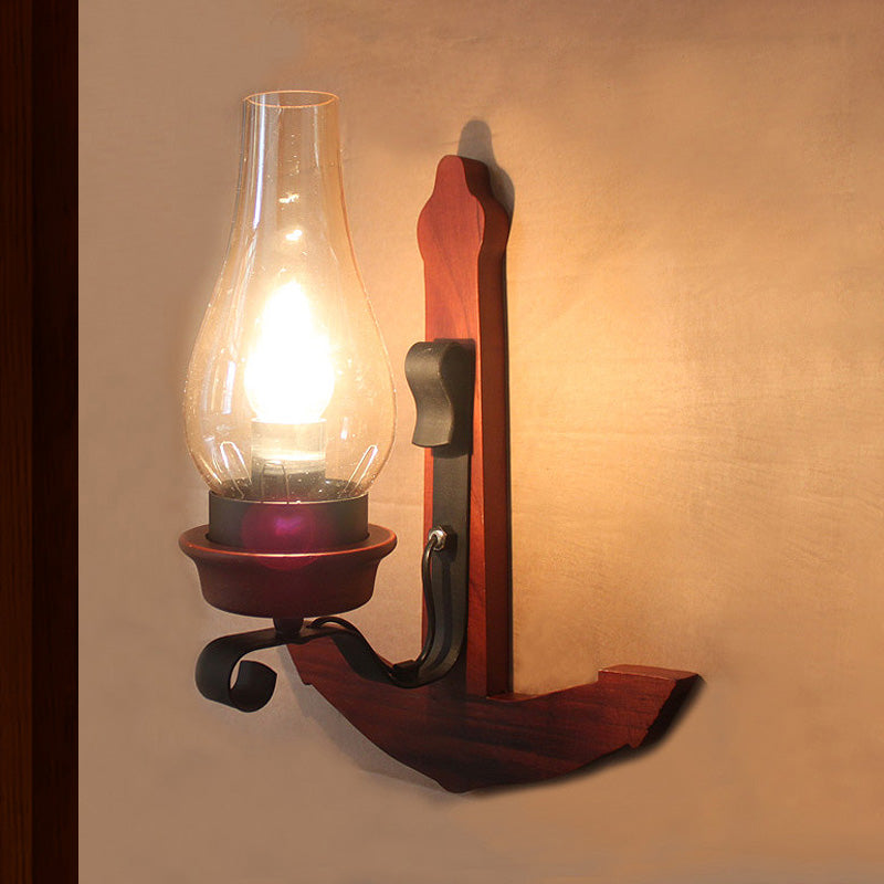 Sikunuo | Vase Porch Wall Lamp Light Fixture Industrial Clear Glass Red Colored Wall Lamp with Wooden Back Plate