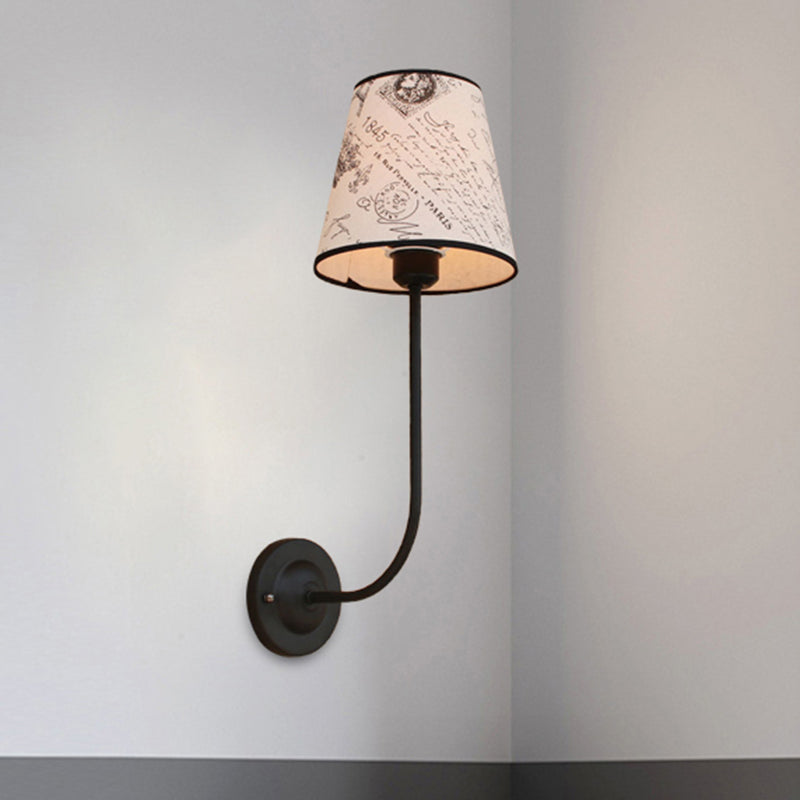 Sikunuo | Vintage Conical Wall Lamp 1 Head Fabric and Metal Wall Mount Fixture with Curved Arm in White