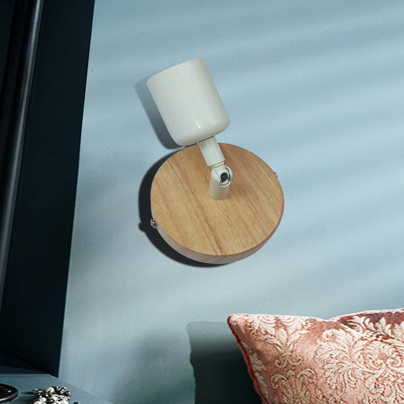 Sikunuo | Simple Style Round Back Wall Light 1 Head Wood and Metal Wall Lamp in White for Nightstand