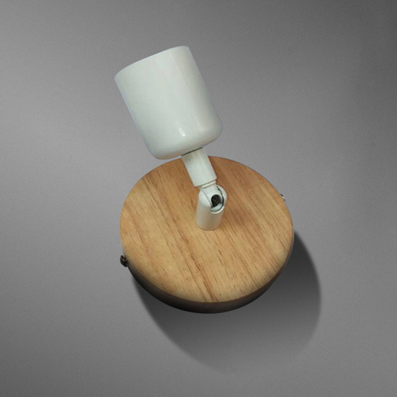 Sikunuo | Simple Style Round Back Wall Light 1 Head Wood and Metal Wall Lamp in White for Nightstand