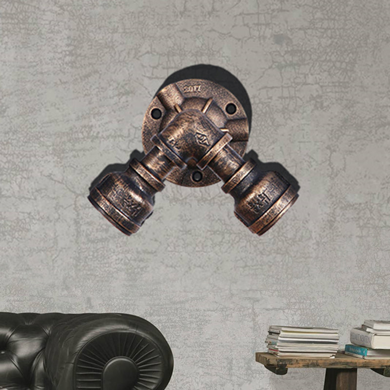 Sikunuo | 2 Heads Wall Lamp Fixture with Pipe Forged Iron Shade Rustic Style Living Room Wall Lamp Light in Aged Bronze